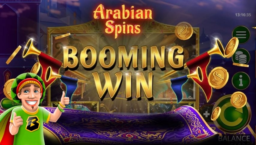 Booming win in a free demo of Arabian Spins on mobile.