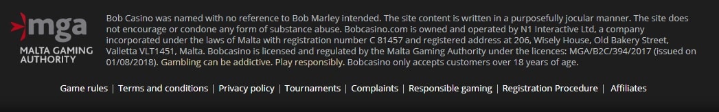 Bob Casino footer that displays the MGA license.