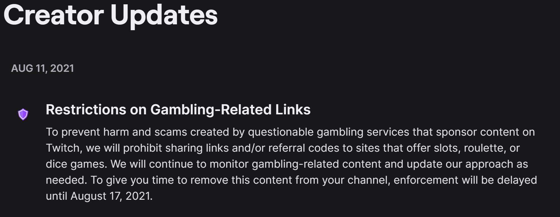 Twitch creator update announcing the ban on casino affiliate links.