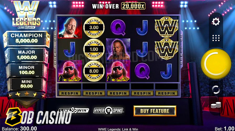 WWE Legends: Link & Win slot reels and bonus buy feature.